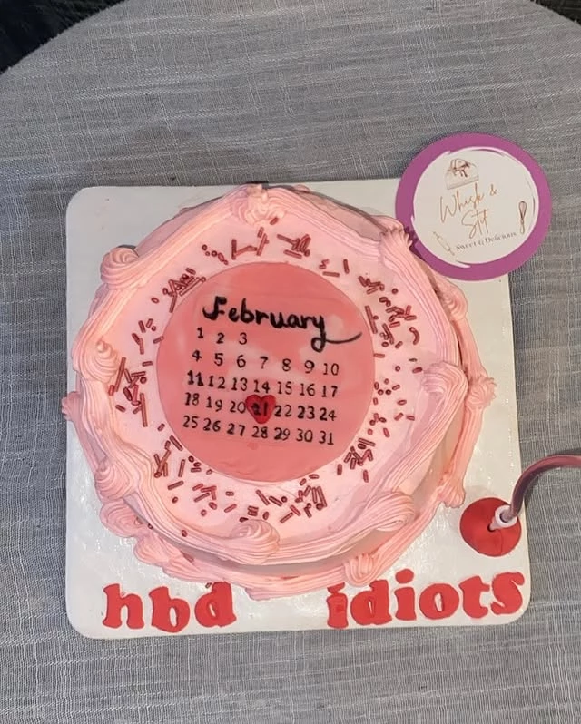 HBD idiot cake with February calendar and strawberry design for friends - Funny Birthday Cakes Karachi By Whisk And Sift